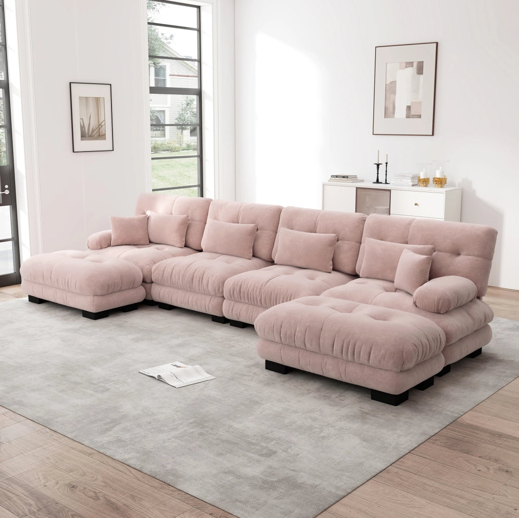 Divano modulare 4 posti con pouf mobili 406x145x81 cm in ciniglia rosa