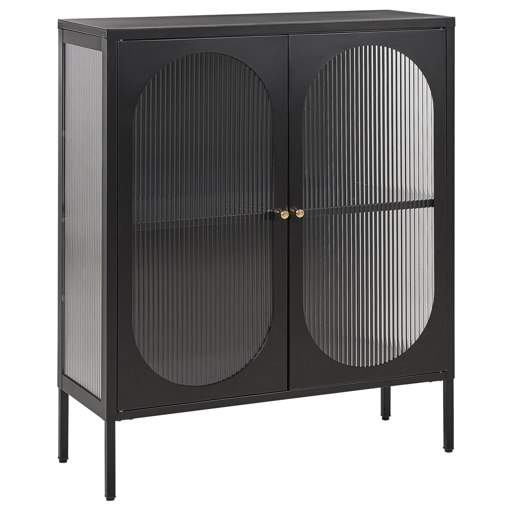 Credenza in acciaio nero e ante in vetro opaco in stile moderno contemporaneo