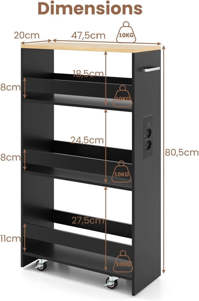 Scaffale per Nicchia da 20 cm di Larghezza, con Base di Ricarica, 4 Piani in Legno su Ruote, Scaffale Sottile per Cucina e Bagno, Carrello a Rotelle (Naturale+Nero, Largo 20cm, con presa)