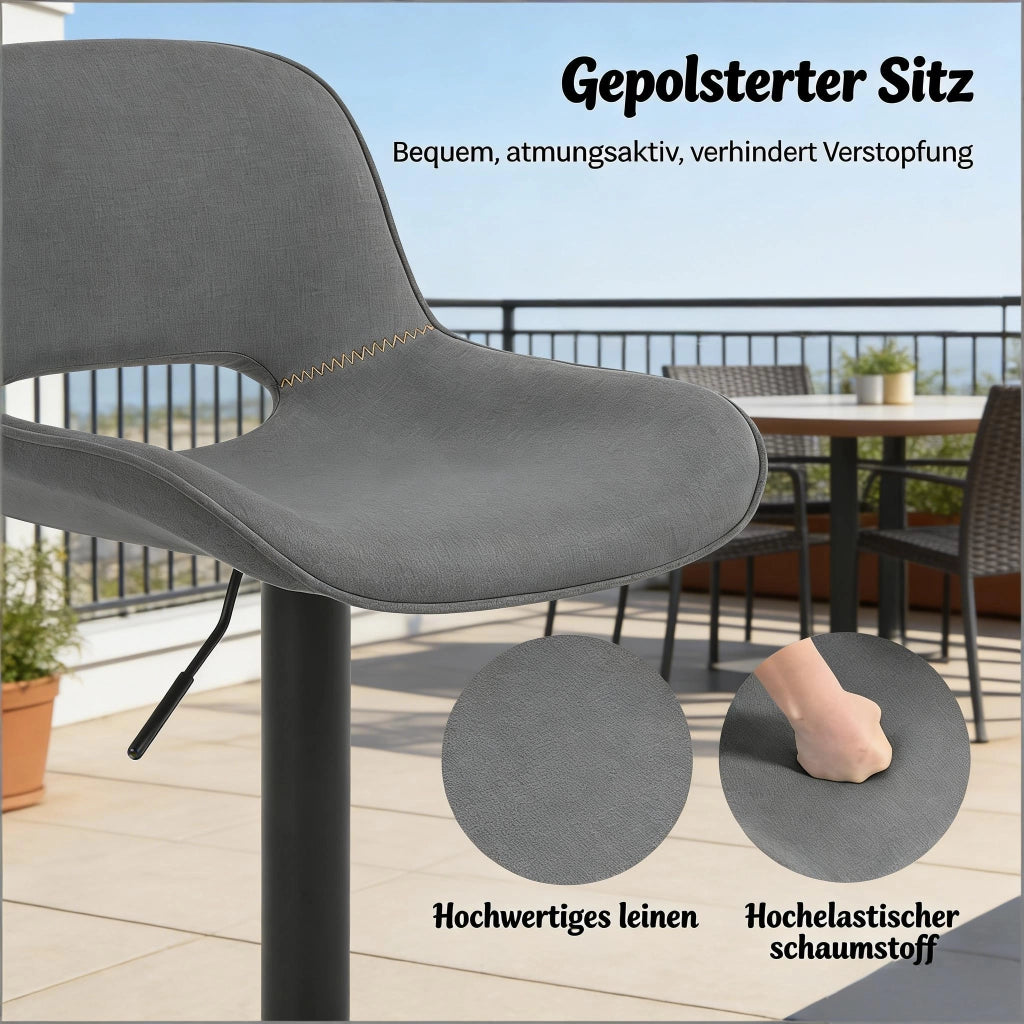Sgabello da bar girevole con schienale ergonomico e seduta imbottita in lino e metallo grigio altezza regolabile set da 2