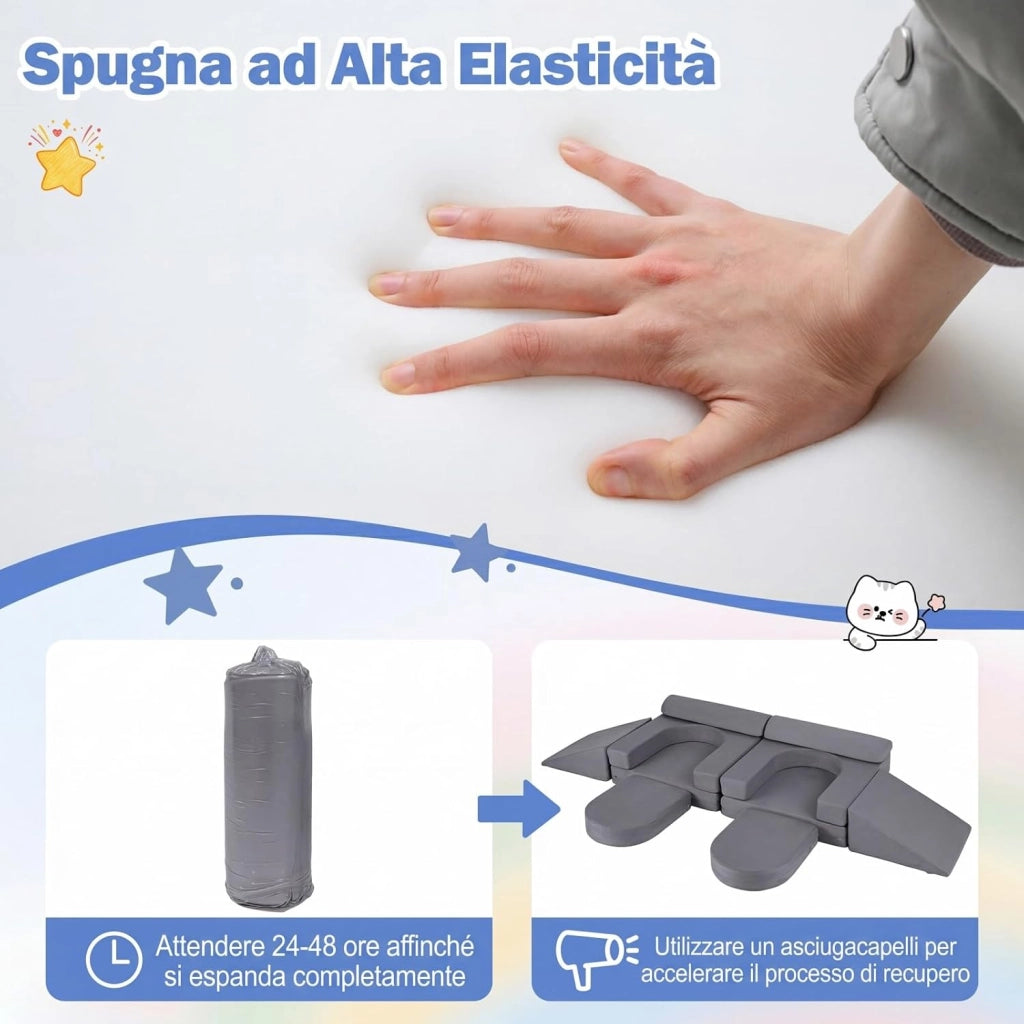 Divano da Gioco per Bambini Trasformabile, Poltrona Modulare a 10 Pezzi, Tessuto Suede e Schiuma ad Alta Elasticità, Divanetto per Bambini 3+ Anni, per Camerette, Soggiorno e Studio (Grigio)