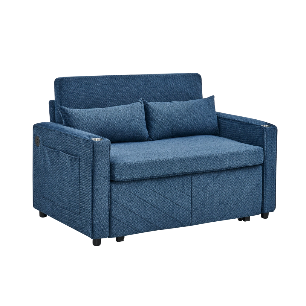 Divano letto 2 posti navy blue con sistema a scorrimento e ricarica USB