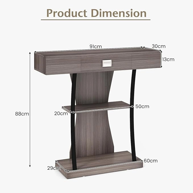 Tavolo Consolle in Legno, Tavolo Ingresso con Cassetti, Ripiani e 2 Kit Anti-ribaltamento, Tavolo Multiuso e Salvaspazio per Salotto, Camera da Letto e Corridoio, 91 x 30 x 88 cm (Grigio)