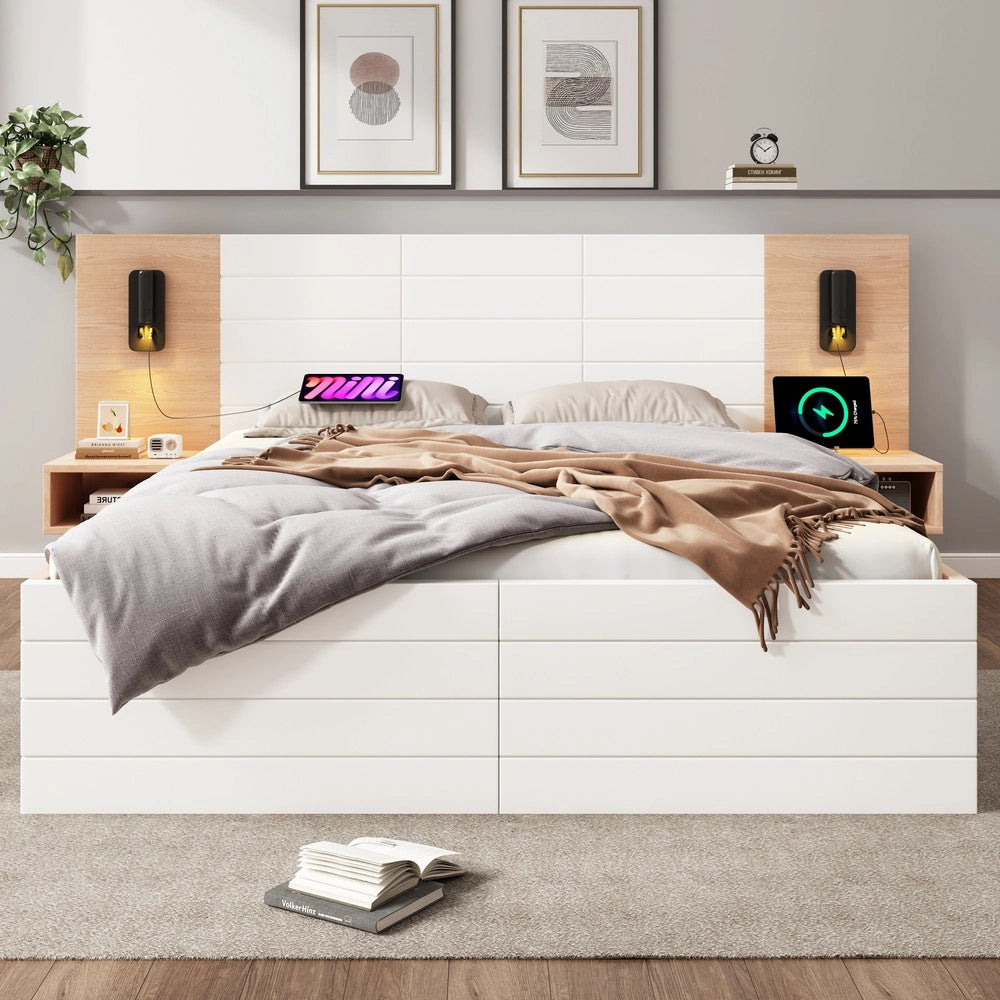 Letto Matrimoniale in Legno con Cassetti e Testiera LED USB ¨C MINIMAL ¨C Rovere/Bianco 160x200