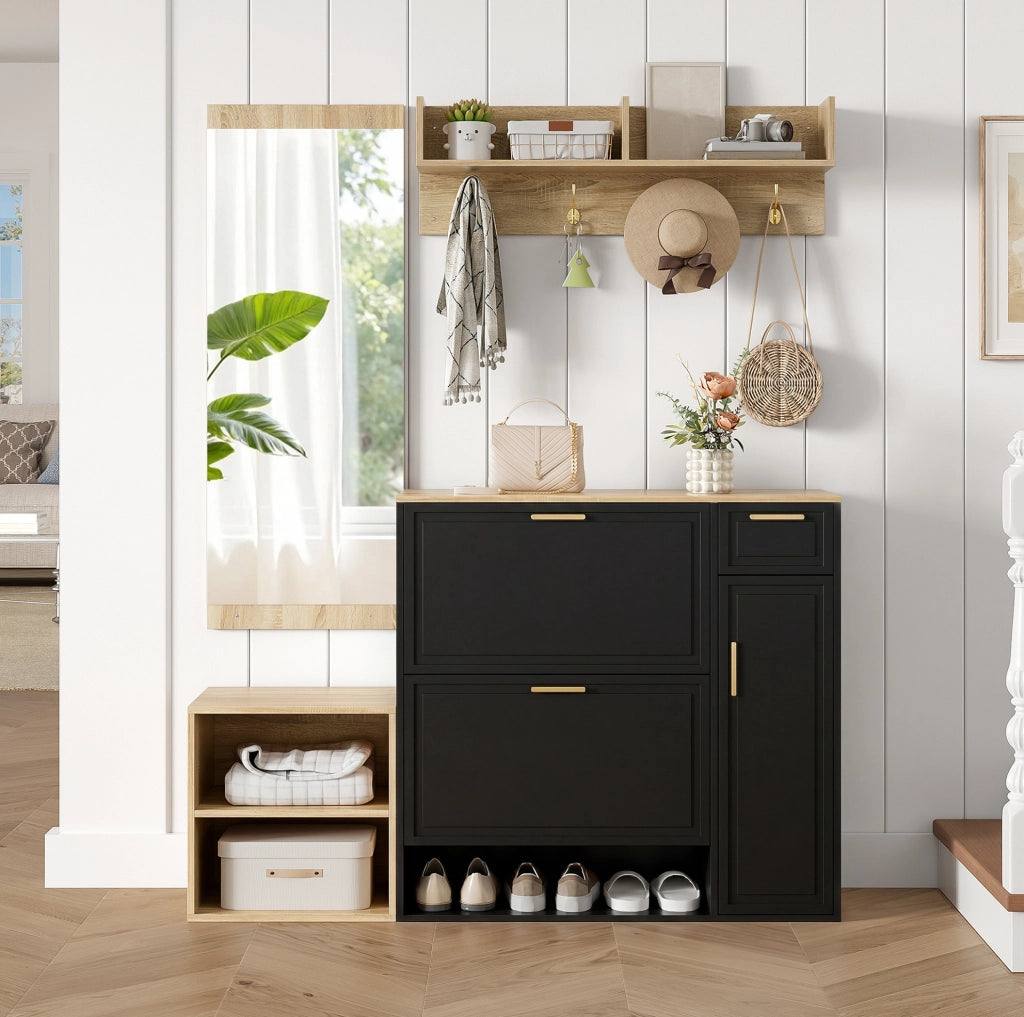 Set guardaroba da ingresso 4 pezzi nero e naturale con scarpiera, panca, specchio e appendiabiti
