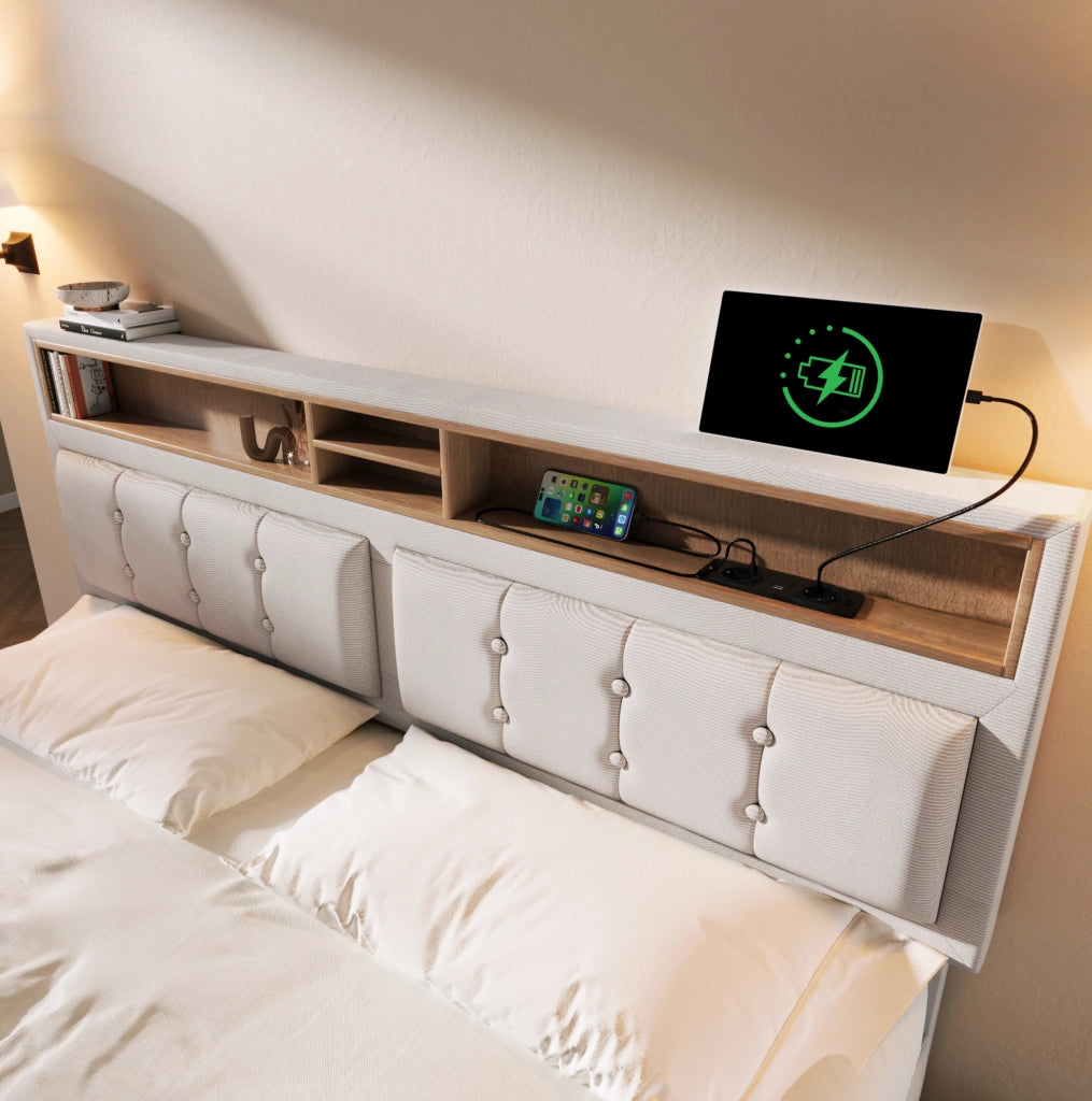 Letto matrimoniale contenitore 160x200 cm con testiera regolabile; USB/Type-C e materasso; lino beige