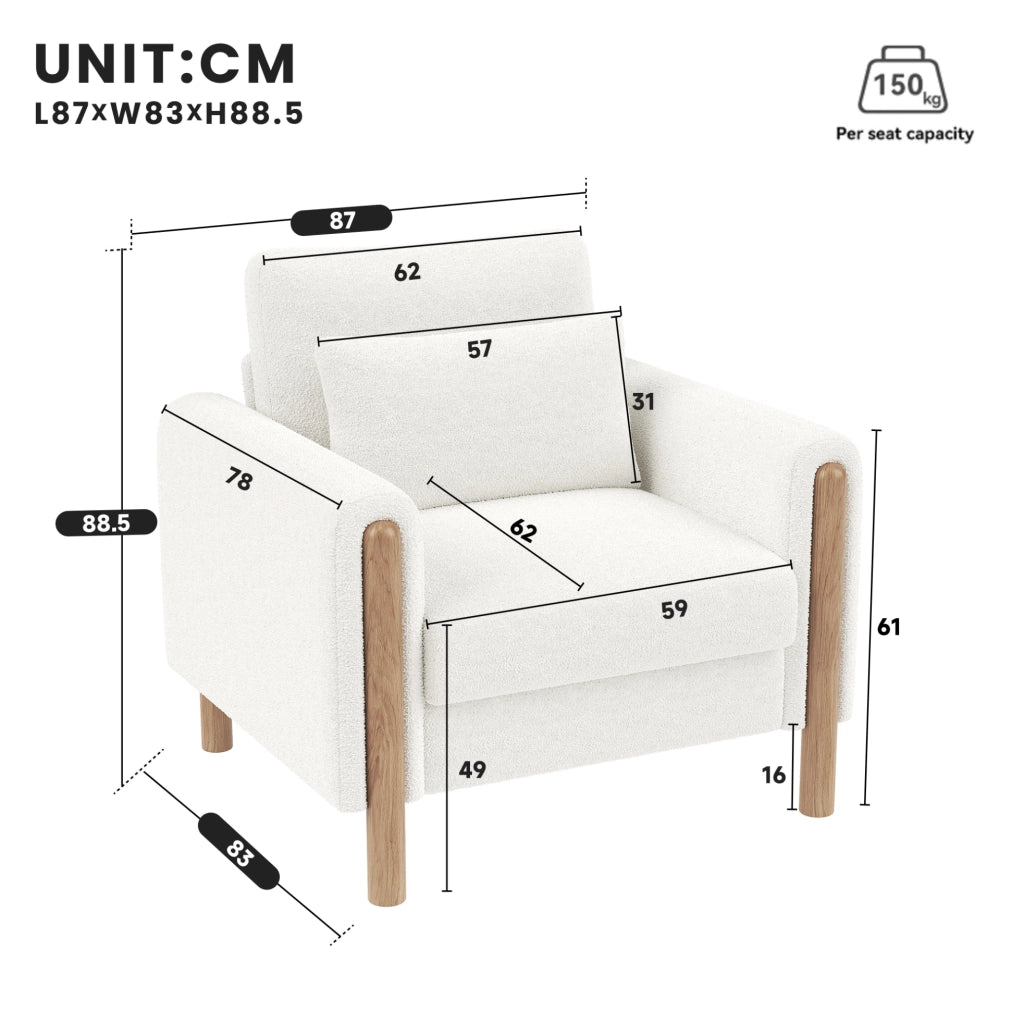 Poltrona 87x83x88.5 cm con cuscino spesso; in tessuto Teddy; bianco