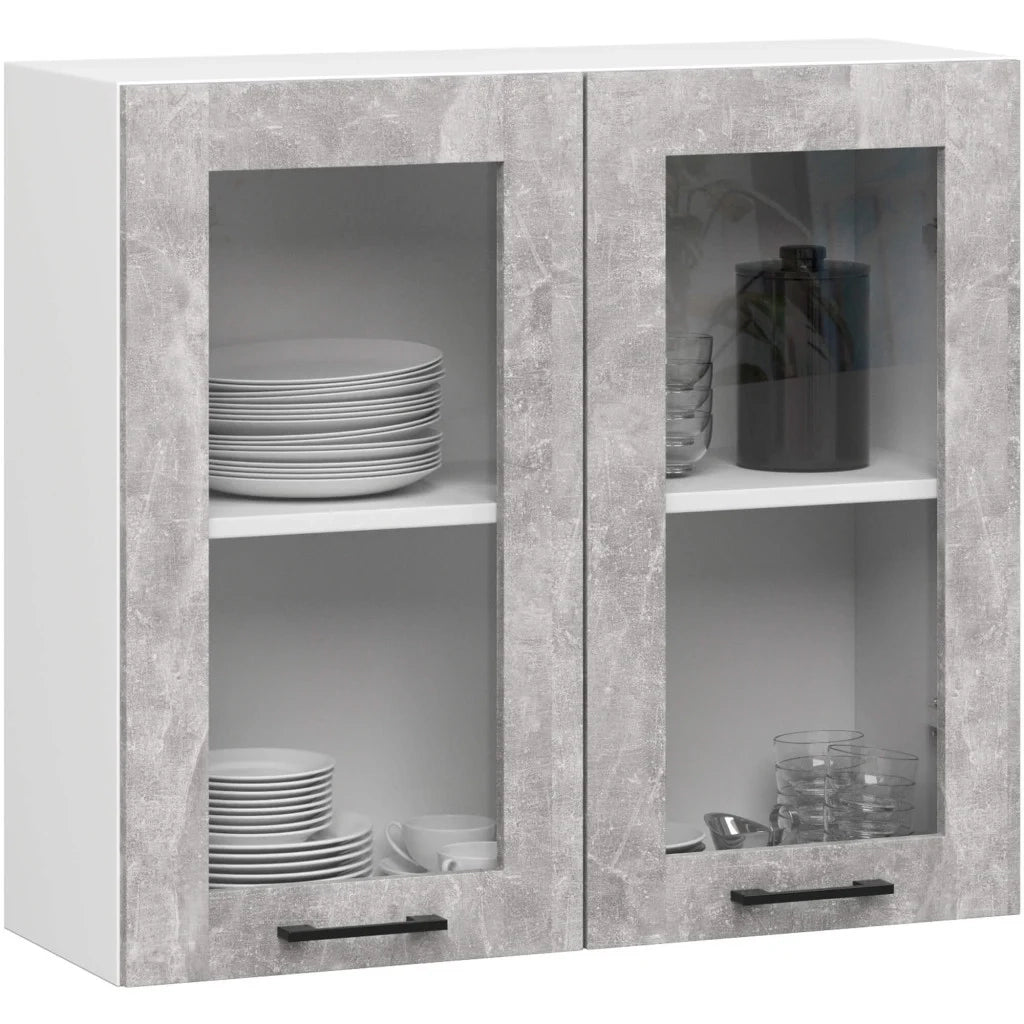 Set da cucina con vetrina AKORD OLIWIA 2,4 m Bianco 240 cm 11 ante 1 cassetto frontale Cemento 240×46×203 cm