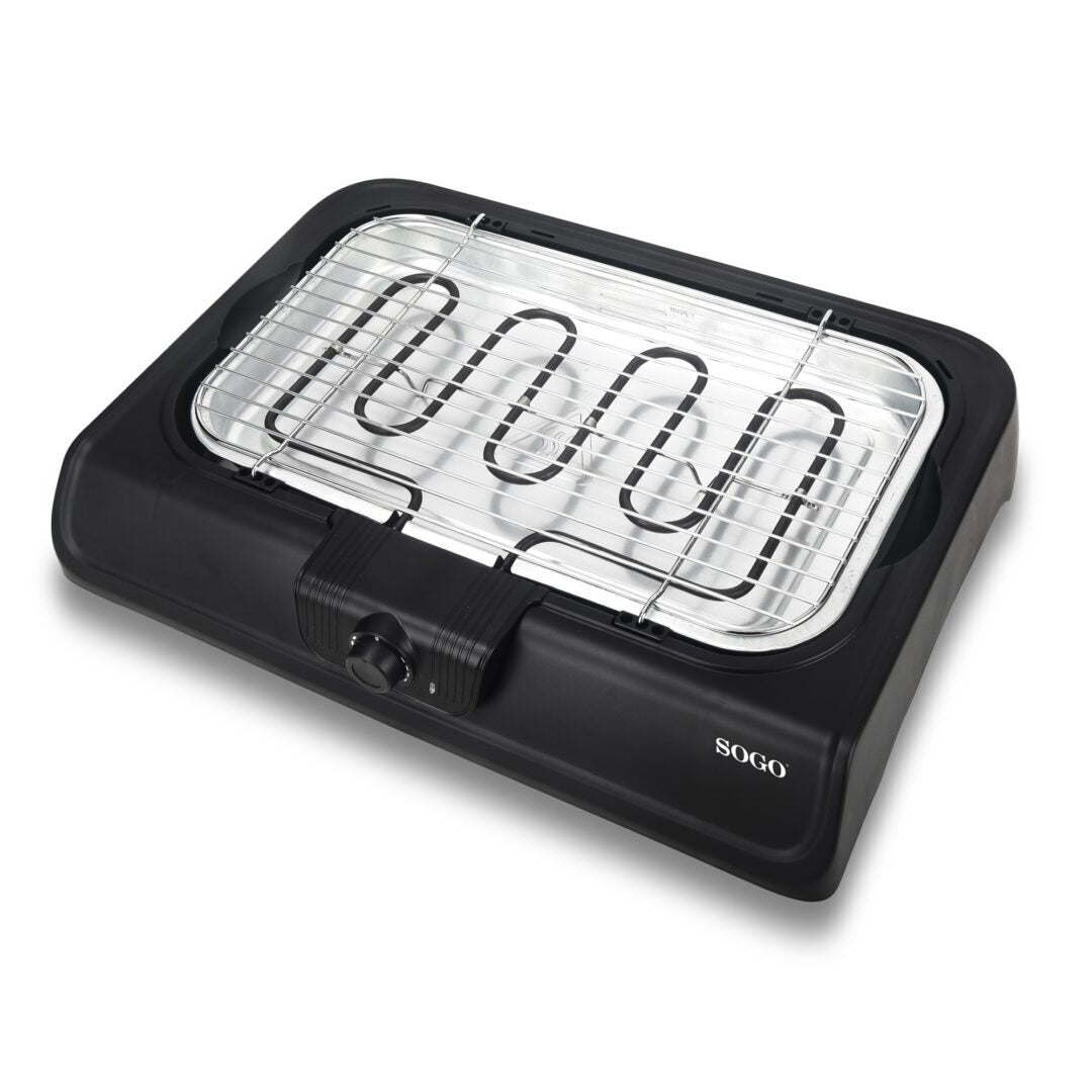 SOGO Barbecue Elettrico 2 in 1 – 2000W – Tavolo e Supporto, Griglia Antiaderente, Termostato Regolabile, Vassoio Raccogli Grasso, Facile da Pulire