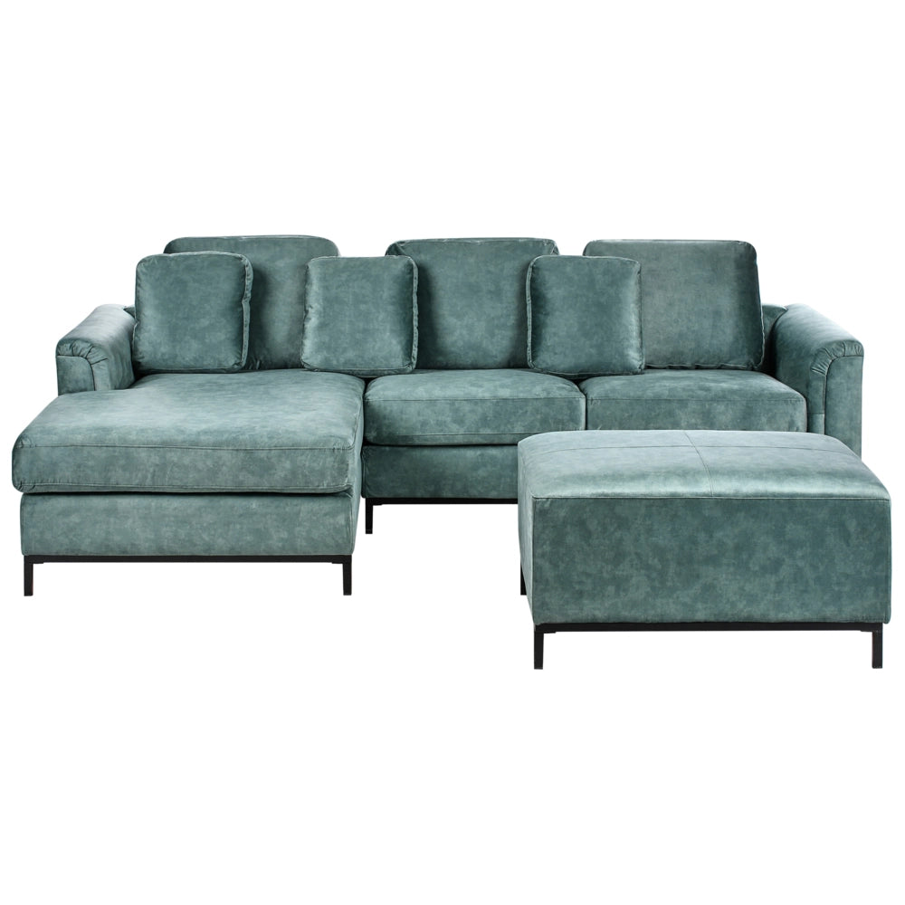 Divano angolare con pouf a forma di L in velluto verde acqua idrorepellente e gambe d'acciaio lato destro stile moderno
