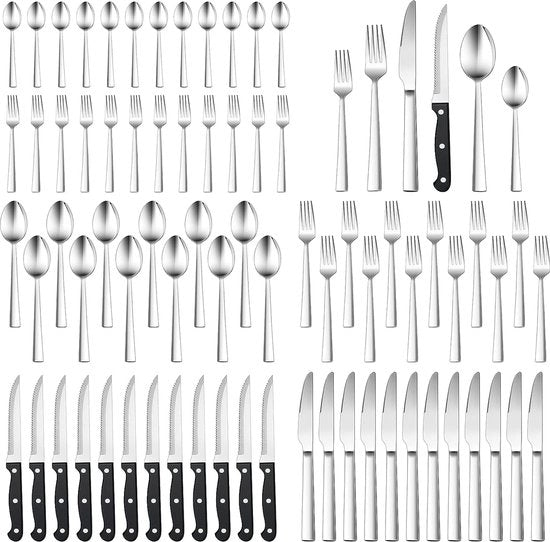 Set da tavola per 12 persone, 72 pezzi, con coltello, forchetta, cucchiaio, elegante set da tavola in acciaio inossidabile per uso domestico/ristorante/festa, compatibile con lavastoviglie.