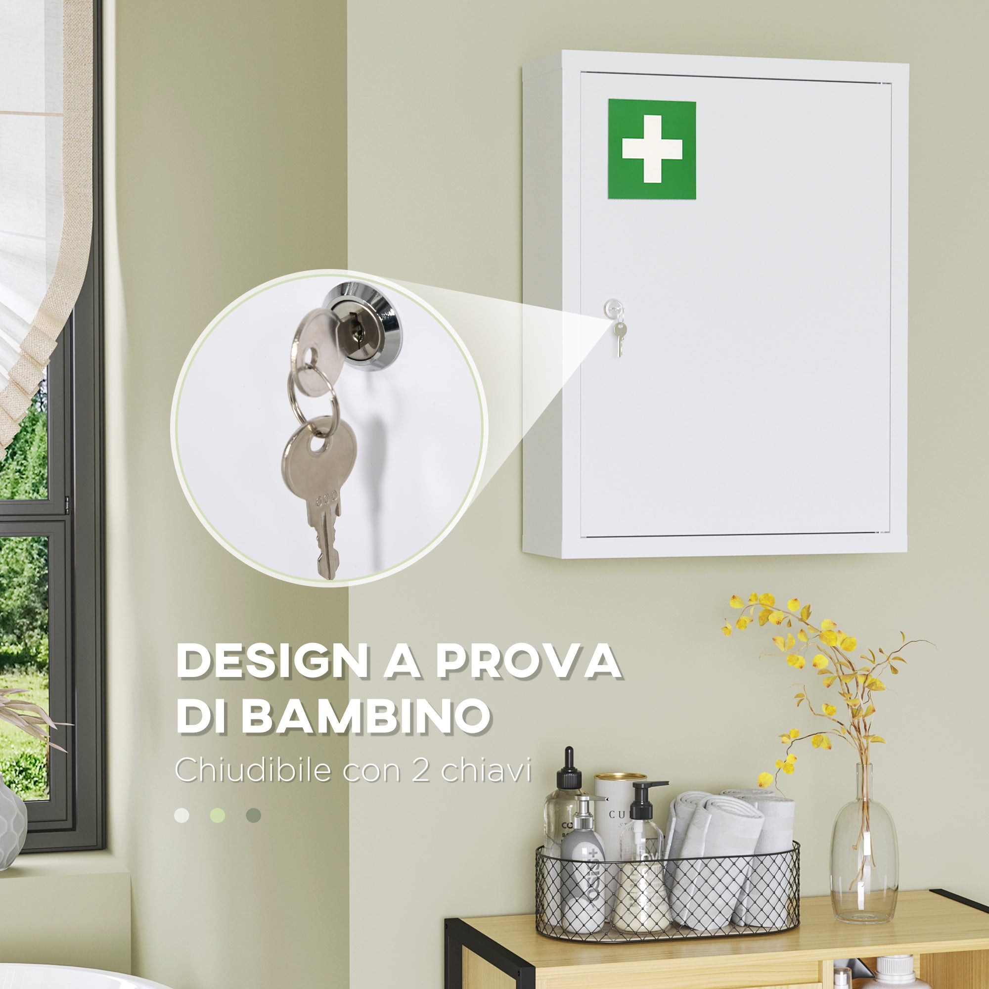 Armadietto Medicinali a 3 Ripiani 40x15x53,5 cm con Serratura e 2 Chiavi in Acciaio Bianco