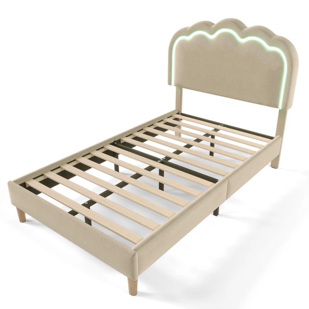 Letto Singolo 90 × 200 cm con Testiera Regolabile e LED; senza Materasso; in Lino; Beige