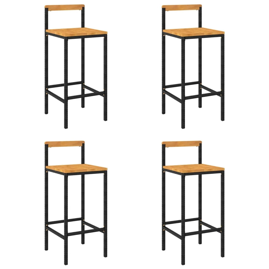 Sgabelli da Bar 4pz Neri Polyrattan e Legno Massello di Acacia