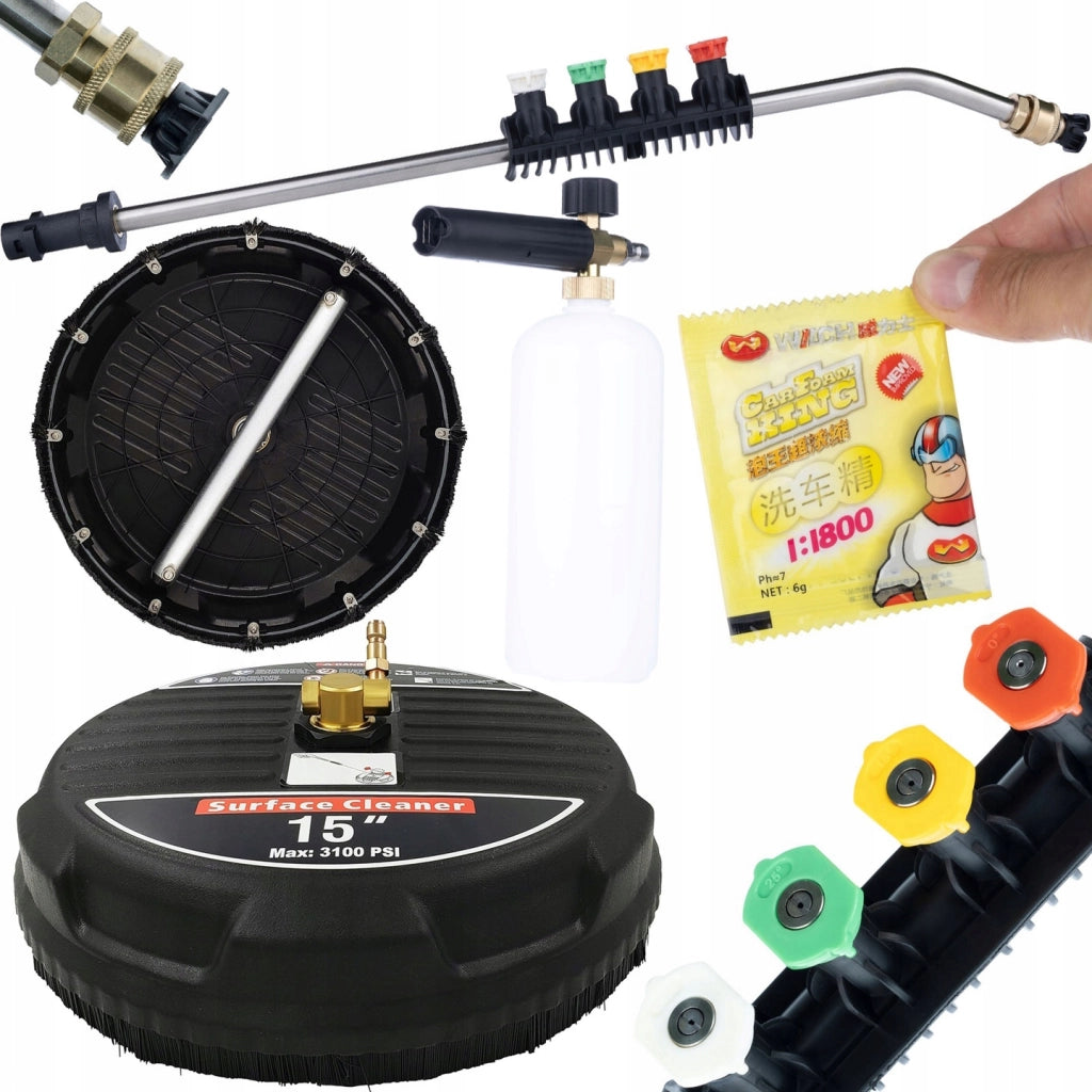 Set di Accessori per Idropulitrice – Spazzola T-Racer 15", Lancia 1/4" con 5 Ugelli, Schiumogeno 1000ml