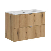 Set bagno sospeso VANO effetto rovere e bianco 80cm: mobile sotto lavabo con cassetti + lavabo incassato