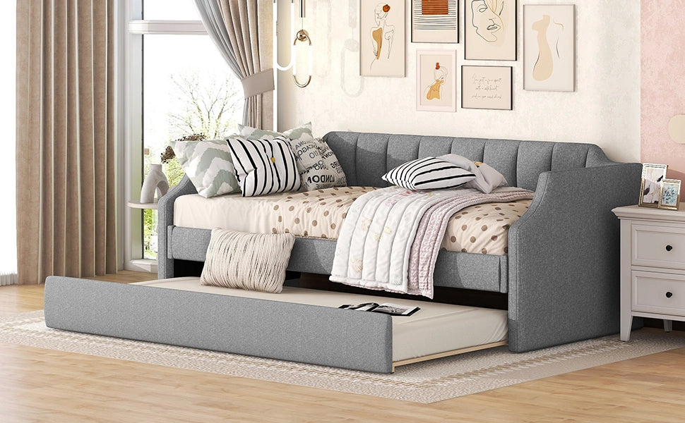 Letto giorno imbottito con letto estraibile in cotone lino grigio 90x200 cm