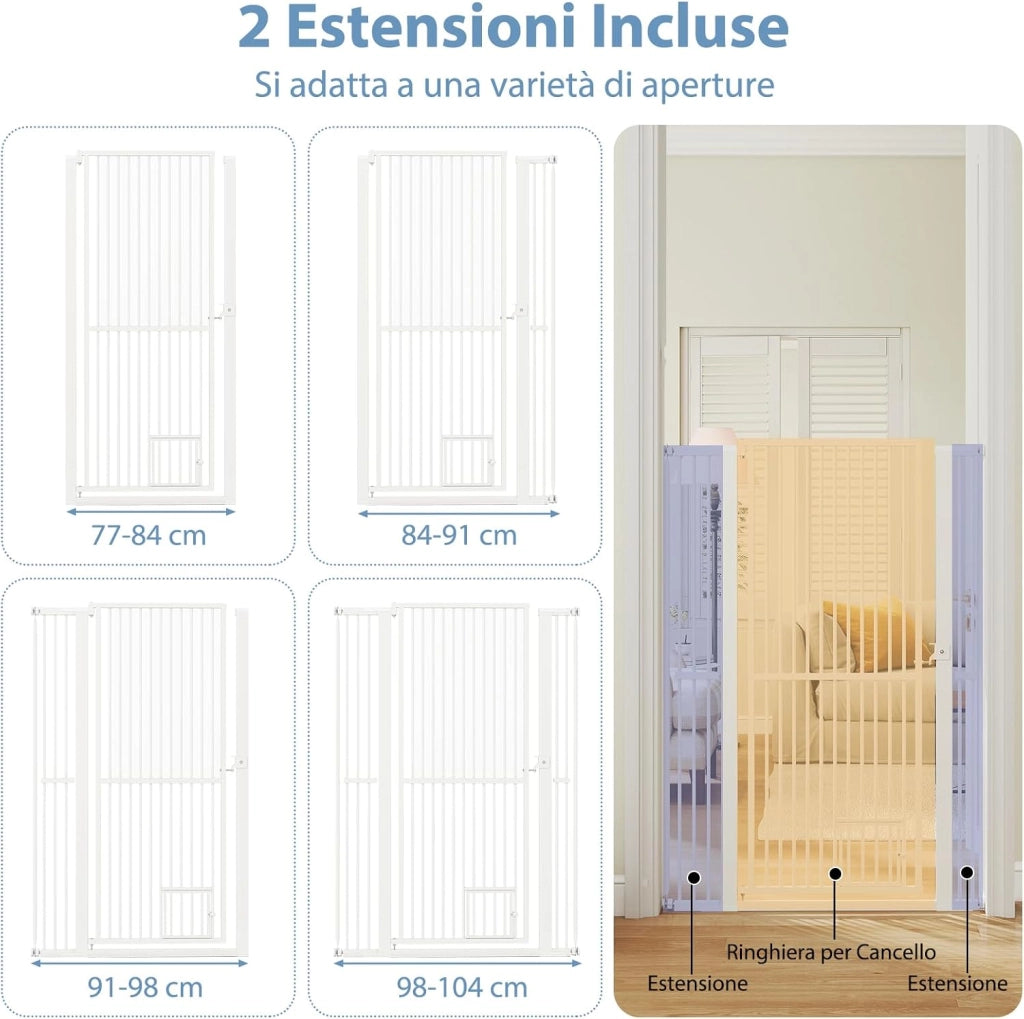 Porta per Animali Domestici Extra Alta, Cancello per Gatti in Metallo Pesante con Apertura da 77-104 cm, 2 Kit di Estensione, Porta Facilmente Percorribile (77-104 cm x 150 cm)