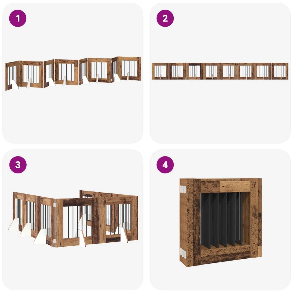 Cancello per cani pieghevole con supporti 8 pcs Legno antico 892167