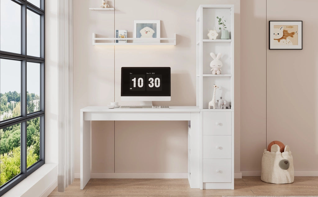 Scrivania bianca con libreria, 3 cassetti e vano laterale 150x50x180 cm