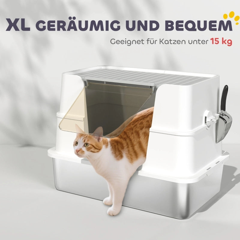 Lettiera per gatti, in acciaio inox, interno XL, con paletta, grigio chiaro
