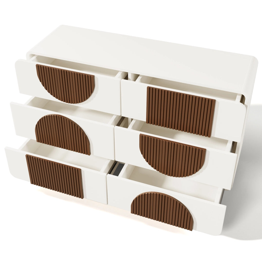 Cassettiera 121x41x71 cm con 6 cassetti; design curvo in MDF e legno bianco