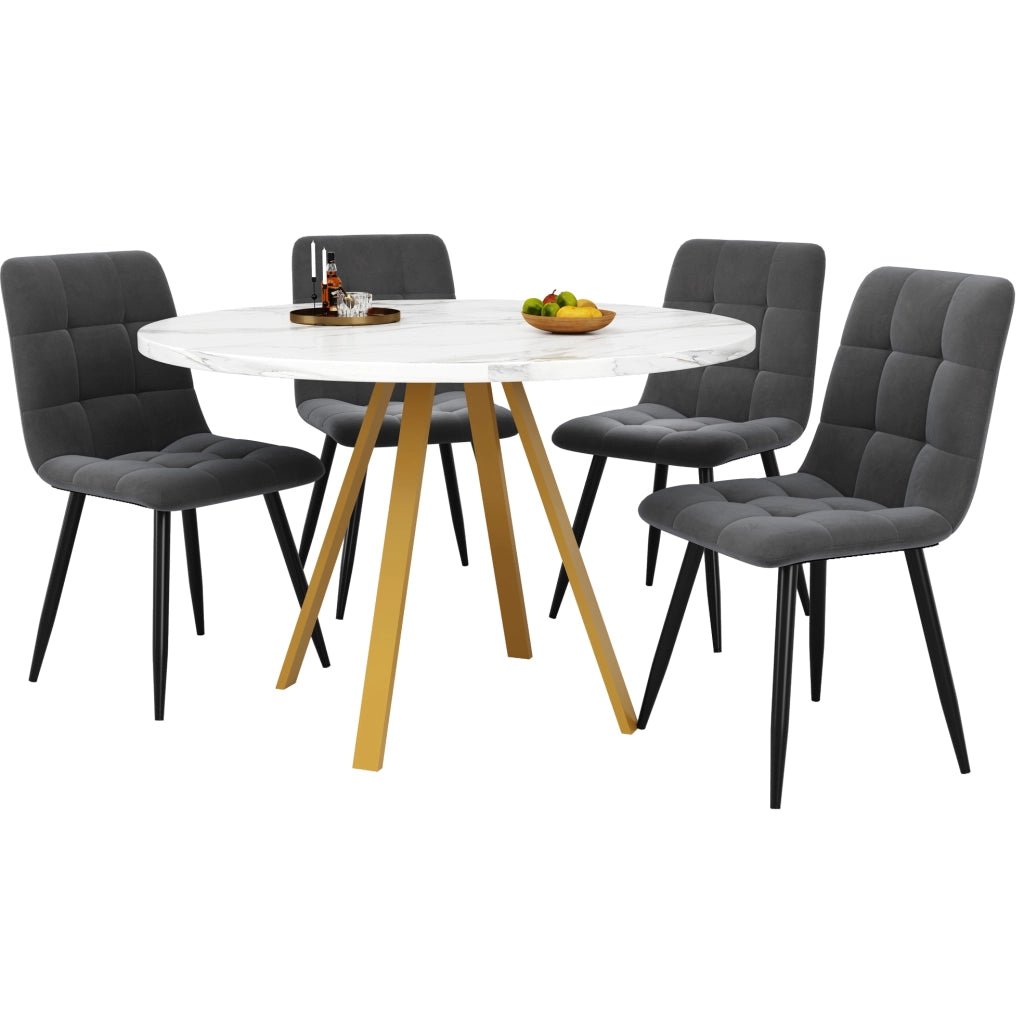 Set da pranzo 80x80x75 cm con 4 sedie; piano in MDF e gambe in ferro; bianco e oro