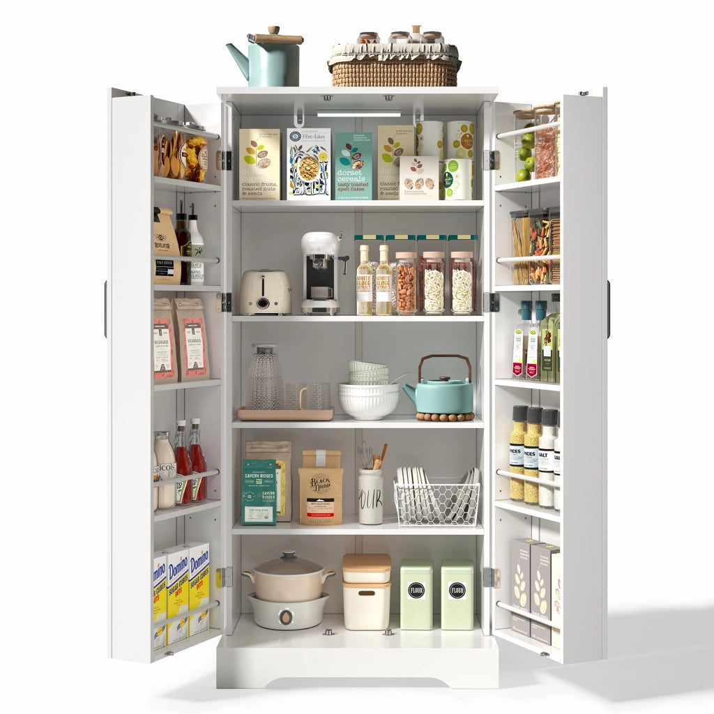 Mobile Dispensa 60x35x128 cm Bianco con LED Sensore; 2 Ante; Ripiani Regolabili e Sistema Antiribaltamento