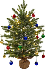Mini Albero di Natale Artificiale - 60 cm - Con Filo di Luce LED e Palle Decorative - Base di Juta - Decorazione di Natale per Desktop