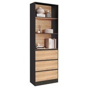 IDMarket - CARLA Libreria a 3 livelli con 3 cassetti neri ed effetto legno H.190 cm