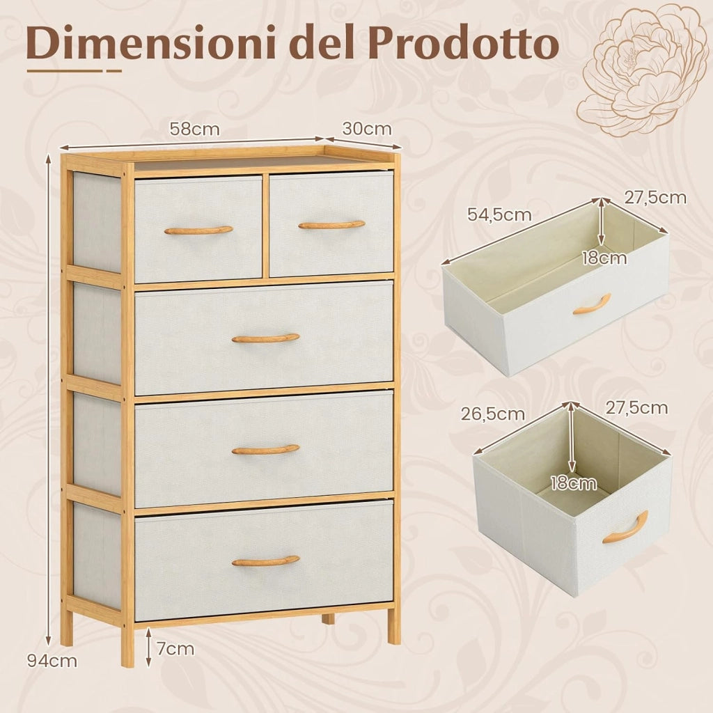 Cassettiera a 5 Cassetti, Torretta Contenitore in Bambù con 5 Cassetti Pieghevoli in Tessuto e Ripiano Superiore, Cassettiera Verticale Alta per Camera da Letto, Soggiorno, Naturale