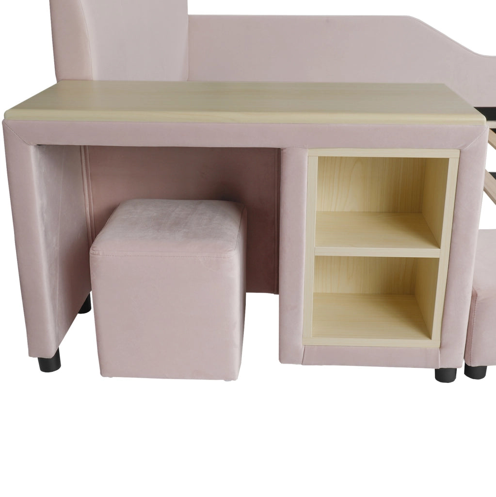 Letto imbottito 140x200 cm con scrivania; sgabello e ripiano in velluto rosa