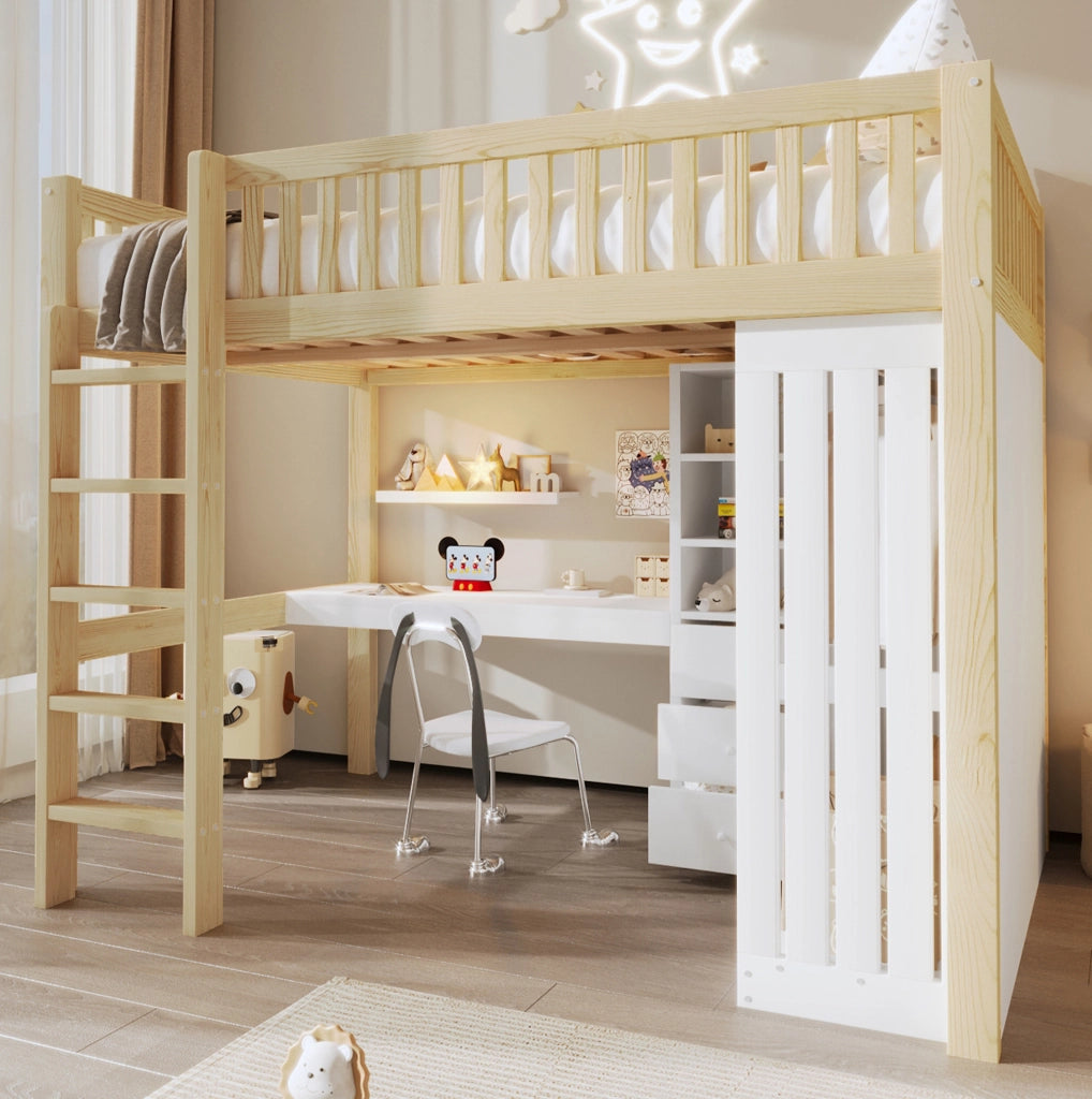 Letto a soppalco 140x200 cm con scrivania e armadio