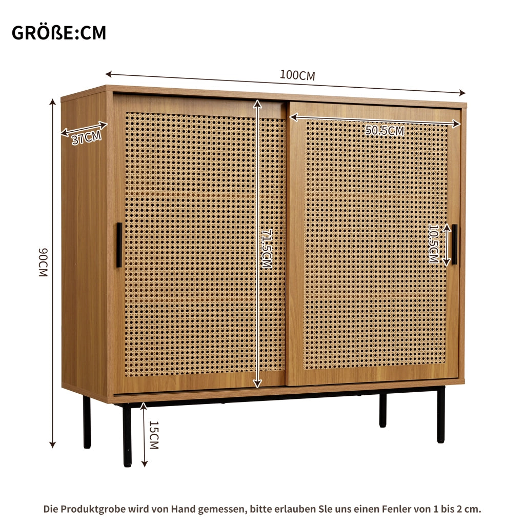 Credenza e Madia con 2 Ante Scorrevoli in Rattan e 3 Ripiani Regolabili; Stile Country; in Pannello Truciolare; 100??37??90 cm; Noce
