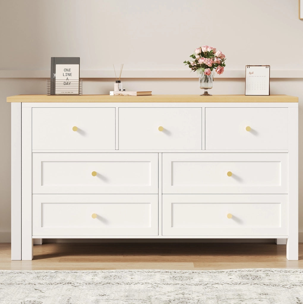 Scrivania girevole 120x40x70 cm con 7 cassetti; piano 360° in truciolare bianco e naturale