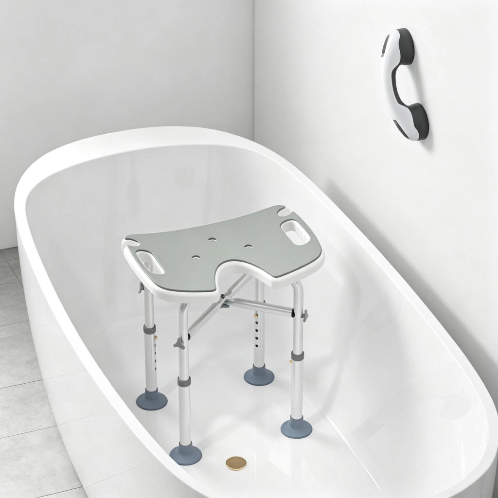 Sgabello doccia regolabile in altezza 39–51,5 cm con ventose e maniglia, grigio