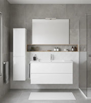 Mobile Bagno LOKI Già Montato 2 cassetti con piedini, lavabo e specchio Bianco lucido 50x40 cm con colonna
