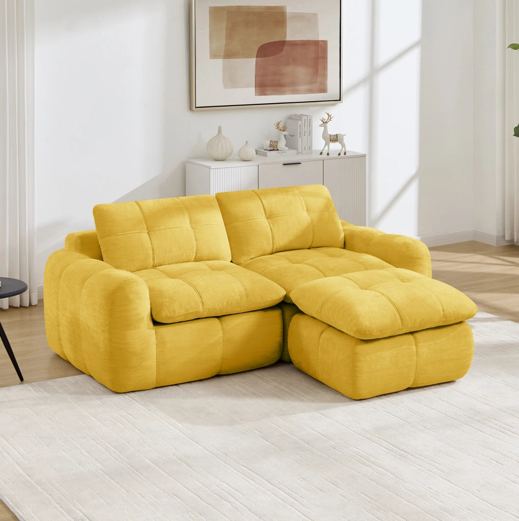 Divano modulare angolare 194x160x68 cm in chenille gialla con pouf; senza montaggio