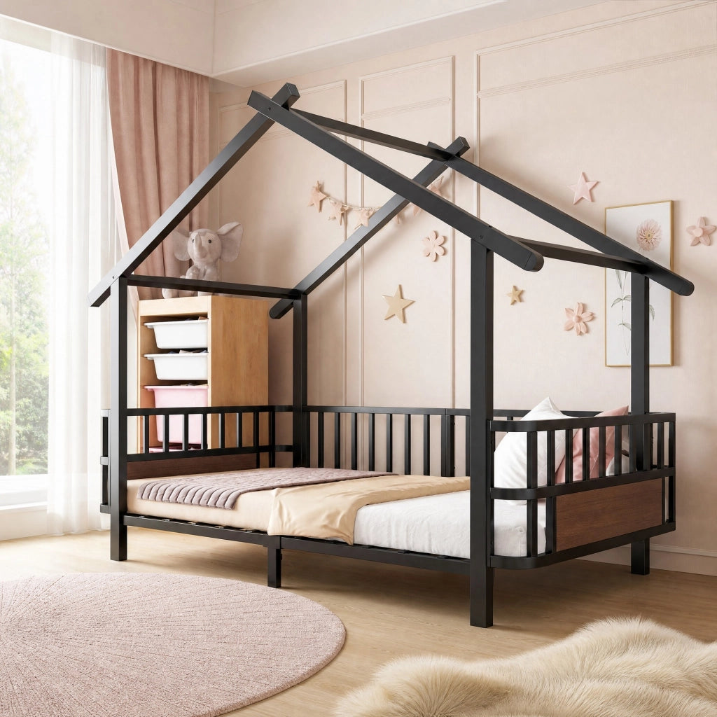 Letto per bambini 90 × 200 cm con barriera di sicurezza et struttura a casetta, senza materasso, in metallo, nero