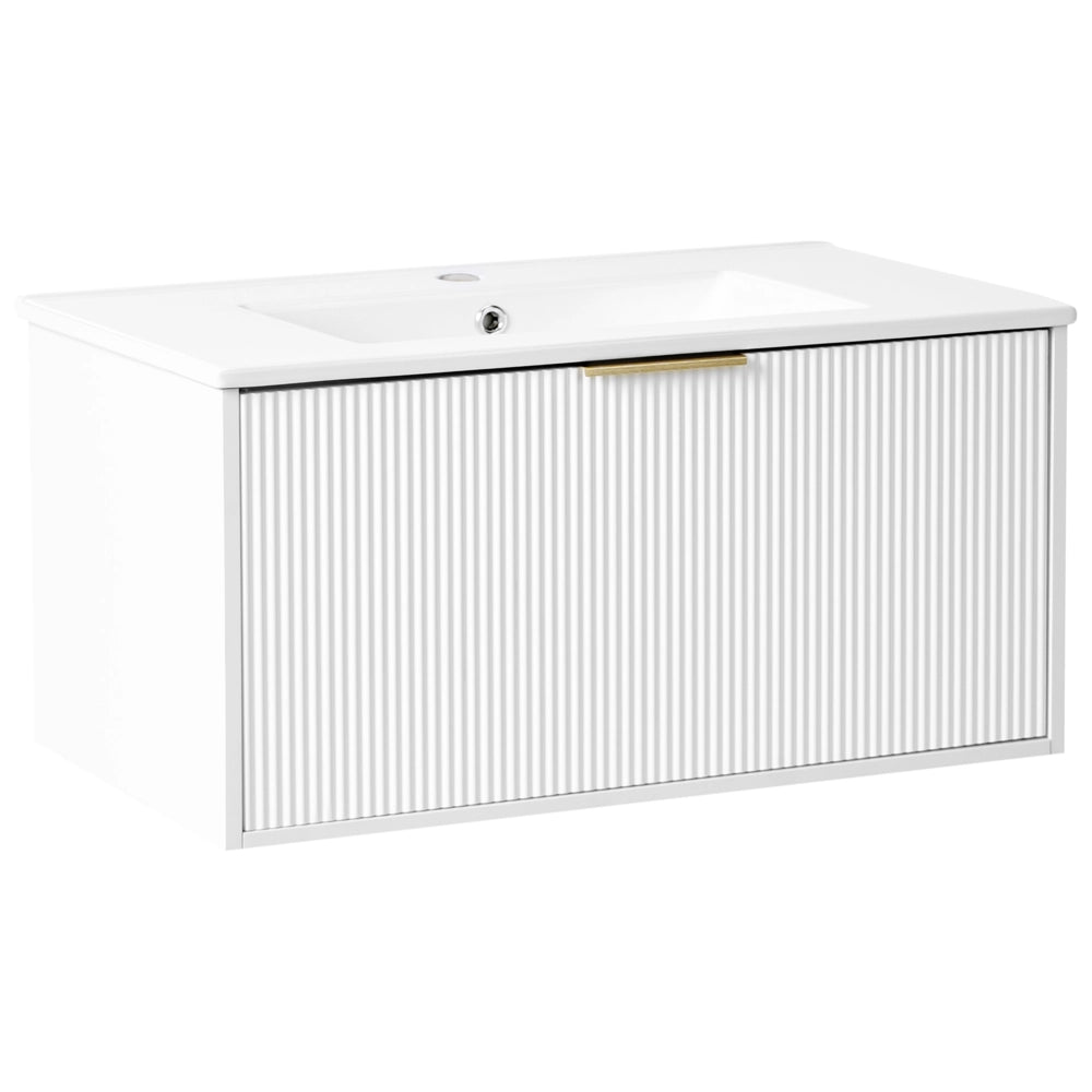 Mobiletto a muro con lavabo in legno massiccio Bianco con maniglia dorata per il bagno 80 cm stile moderno