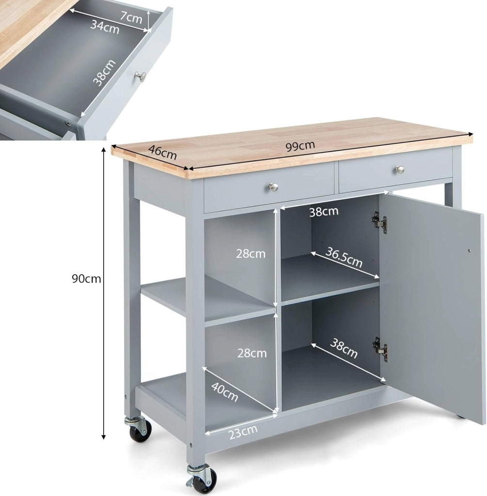 Carrello da cucina con ruote, isola da cucina con piano di lavoro, carrello da portata con ripiani regolabili, carrello da cucina, mobile da cucina con 2 cassetti e porta, trolley da cucina