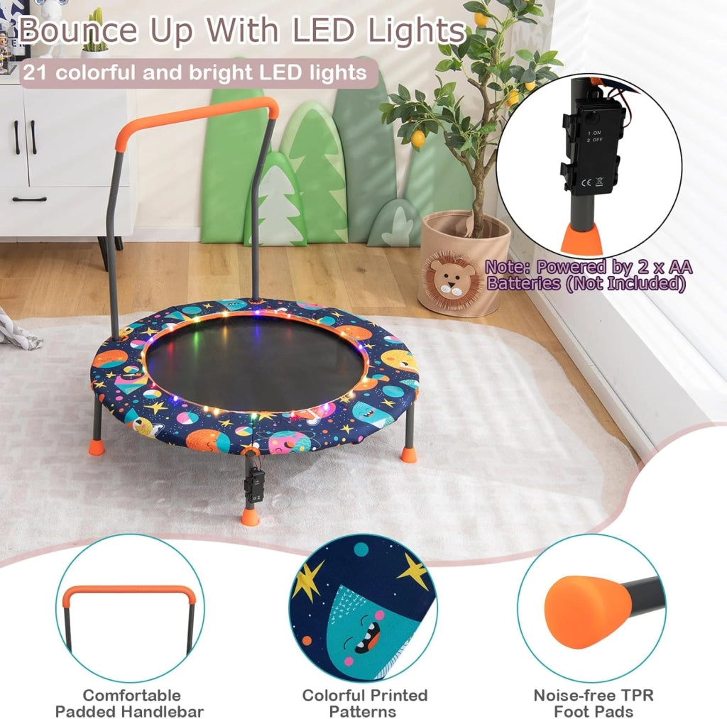 Trampolino Elastico per Bambini dai 3 ai 6 anni, Ø 92 cm, Tappeto Elastico Bambini con Luci a LED, Mini Trampolino da Giardino con Manico e Tappetino di Sicurezza, Portata fino a 25 kg