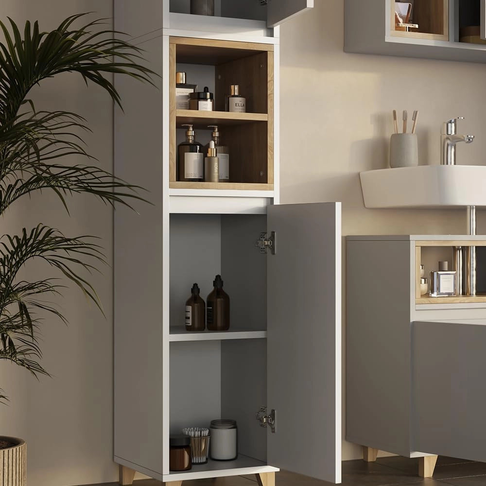 Armadio per il bagno Elnor, Bianco/quercia, 30 x 170 cm con 2 porte