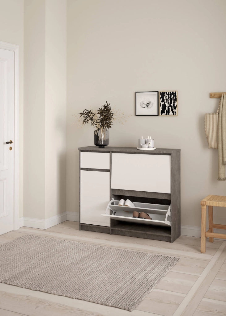 Scarpiera Todd, Mobile portascarpe, Armadio da ingresso multiuso, Mobiletto per calzature, 109x32 h93 cm, Cemento e Bianco lucido