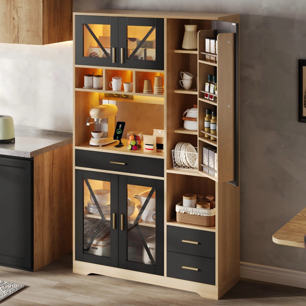 Credenza buffet 105x40x185 cm con LED a colori e prese; in MDF; nero naturale