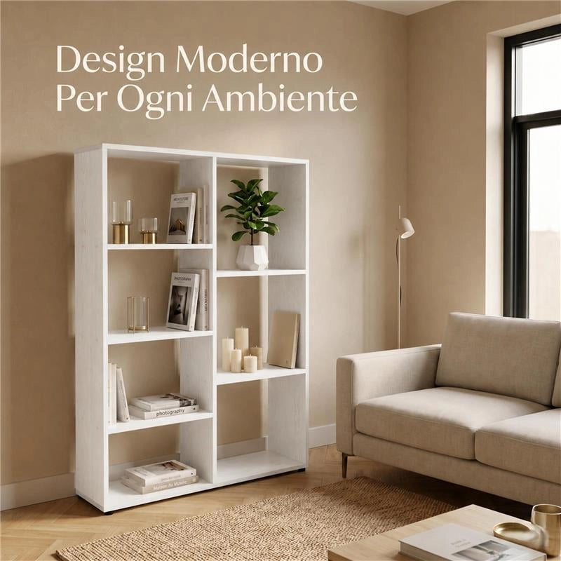 LIBRERIA IN LEGNO BIANCO MODERNA CON 7 RIPIANI SFALSATI DIMENSIONI 80X24X126 CM