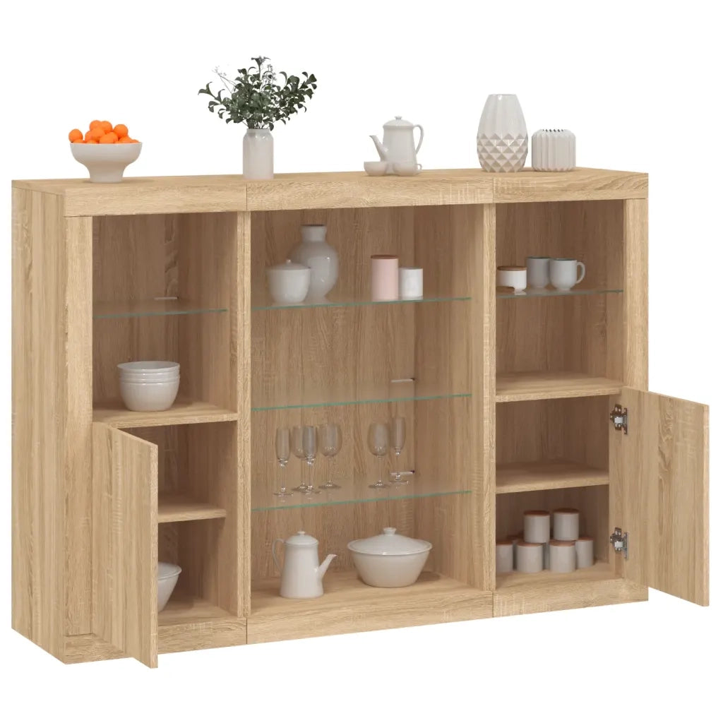 Credenze con Luci LED 3 pz | Madia | Buffet da pranzo | Armadio da pranzo Rovere Sonoma in Legno Multistrato