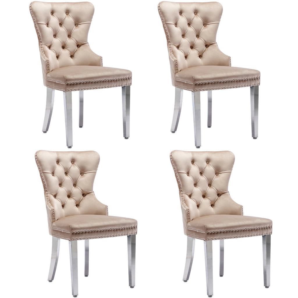 Sedia da pranzo imbottita in velluto beige con struttura in metallo e schienale decorativo