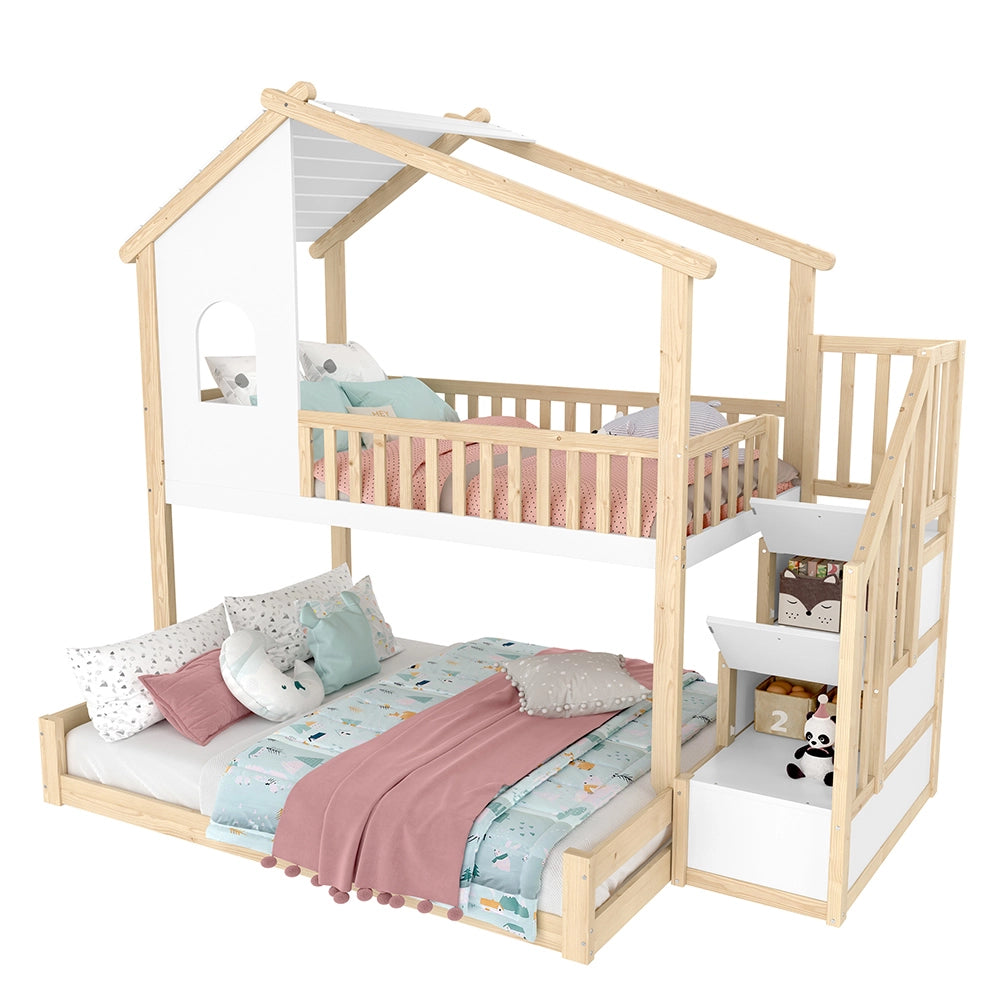 Letto a castello 90+140x200cm - Xylo - naturale/bianco, scala-ripiano, finestra