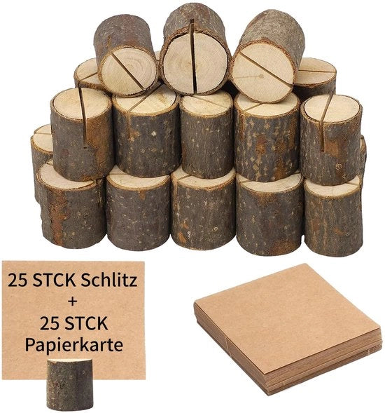 25 supporti per cartellino in legno 3,2 x 3,2 cm + 25 supporti in cartone, supporti per menu, supporti per posto per drink ticket - per matrimoni, battesimi, Natale, compleanni